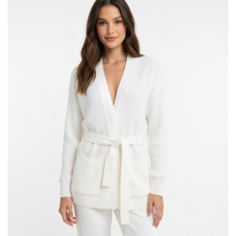 Max Mara Leisure Cardigan White Ribbed Cotton Belted Open Front Womens L NWOT